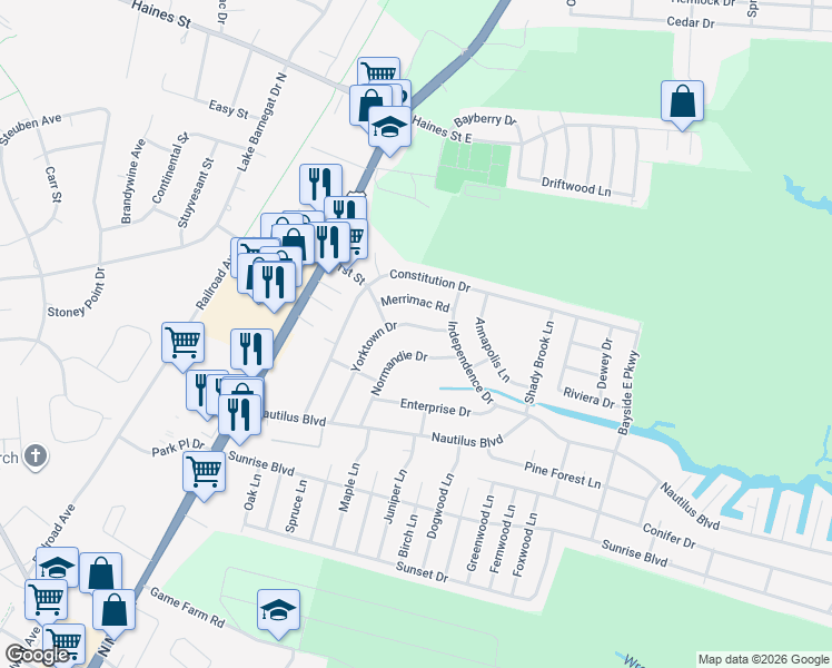 map of restaurants, bars, coffee shops, grocery stores, and more near 345 Yorktown Drive in Lacey Township