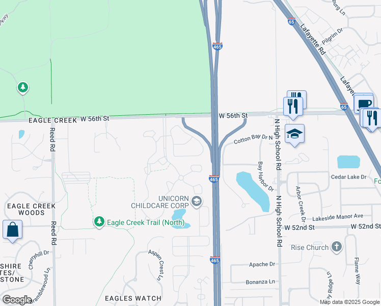 map of restaurants, bars, coffee shops, grocery stores, and more near 6650 Bear Creek Drive in Indianapolis