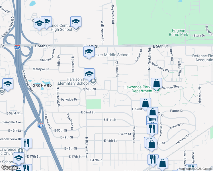 map of restaurants, bars, coffee shops, grocery stores, and more near 5314 West Hill Drive in Lawrence