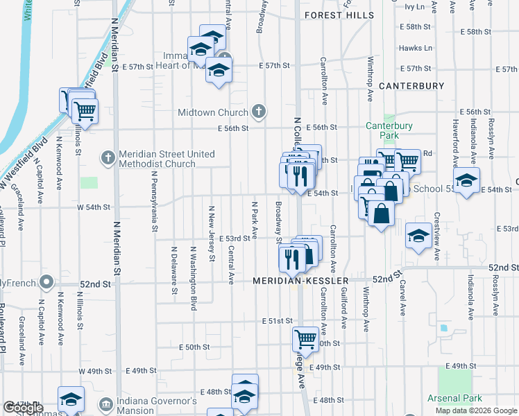 map of restaurants, bars, coffee shops, grocery stores, and more near 5345 North Park Avenue in Indianapolis