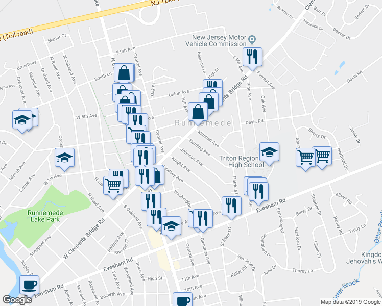 map of restaurants, bars, coffee shops, grocery stores, and more near 32 Johnson Avenue in Runnemede