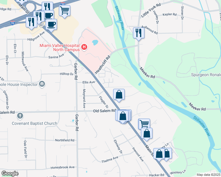 map of restaurants, bars, coffee shops, grocery stores, and more near 10 Granite Drive in Dayton