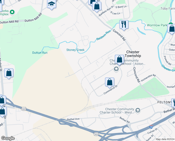 map of restaurants, bars, coffee shops, grocery stores, and more near 100 Commerce Drive in Aston