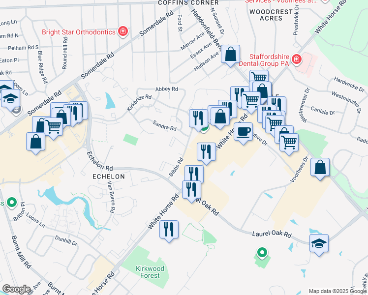 map of restaurants, bars, coffee shops, grocery stores, and more near 1158 Bibbs Road in Voorhees Township