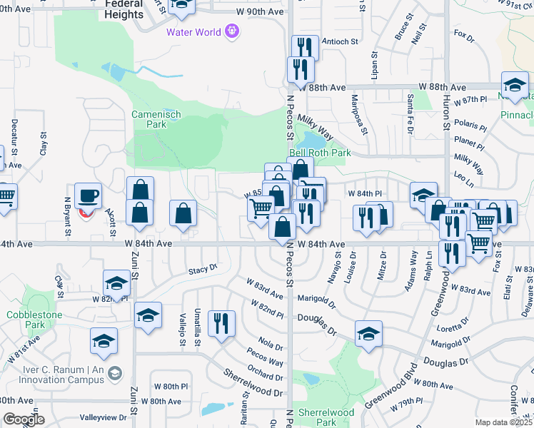 map of restaurants, bars, coffee shops, grocery stores, and more near 1722 Aspen Meadows Circle in Federal Heights