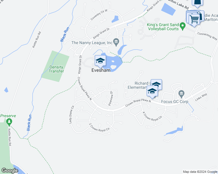 map of restaurants, bars, coffee shops, grocery stores, and more near 11 Cranberry Court in Evesham