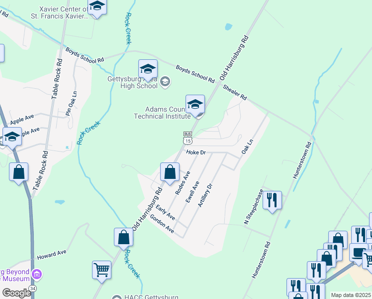 map of restaurants, bars, coffee shops, grocery stores, and more near 1045 Old Harrisburg Road in Gettysburg