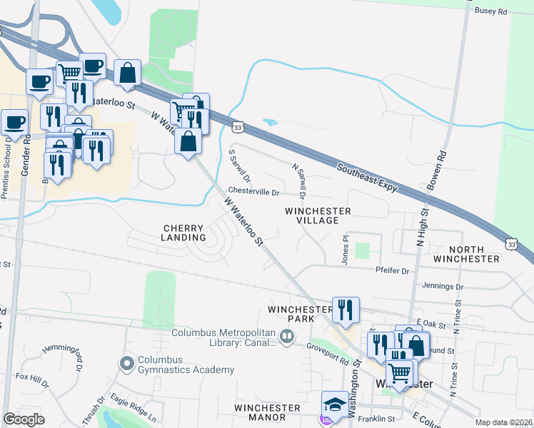map of restaurants, bars, coffee shops, grocery stores, and more near 86 Lehman Drive in Canal Winchester