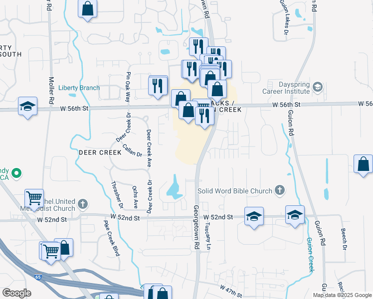 map of restaurants, bars, coffee shops, grocery stores, and more near 5400 Georgetown Rd in Indianapolis