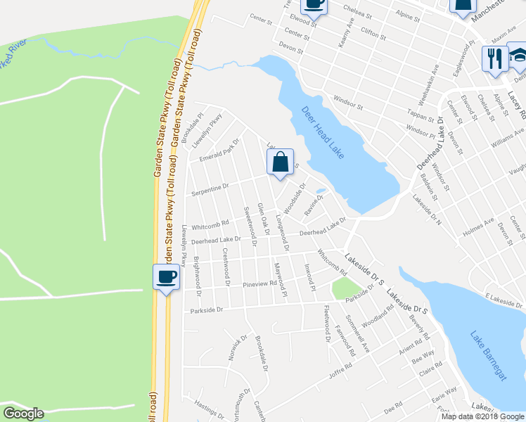 map of restaurants, bars, coffee shops, grocery stores, and more near 1976 Glen Oak Drive in Lacey Township