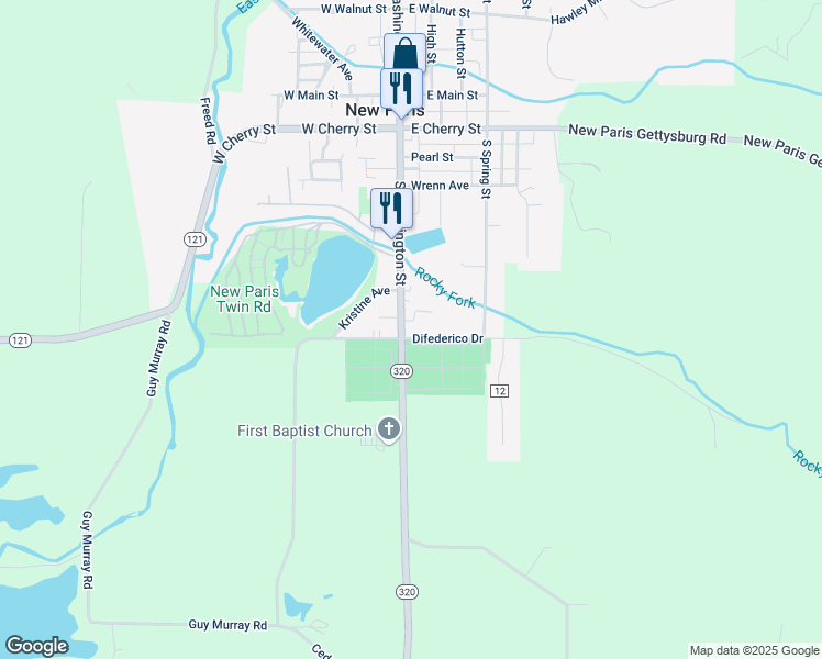 map of restaurants, bars, coffee shops, grocery stores, and more near 615 South Washington Street in New Paris