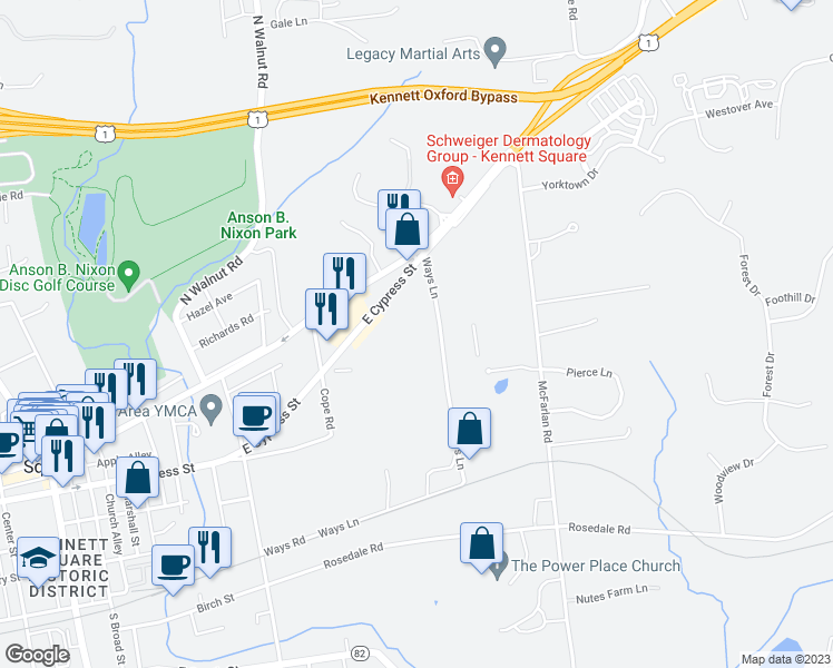 map of restaurants, bars, coffee shops, grocery stores, and more near 45 Ways Lane in Kennett Square