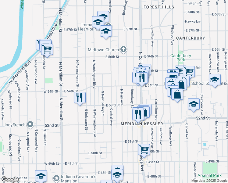 map of restaurants, bars, coffee shops, grocery stores, and more near 5355 Central Avenue in Indianapolis