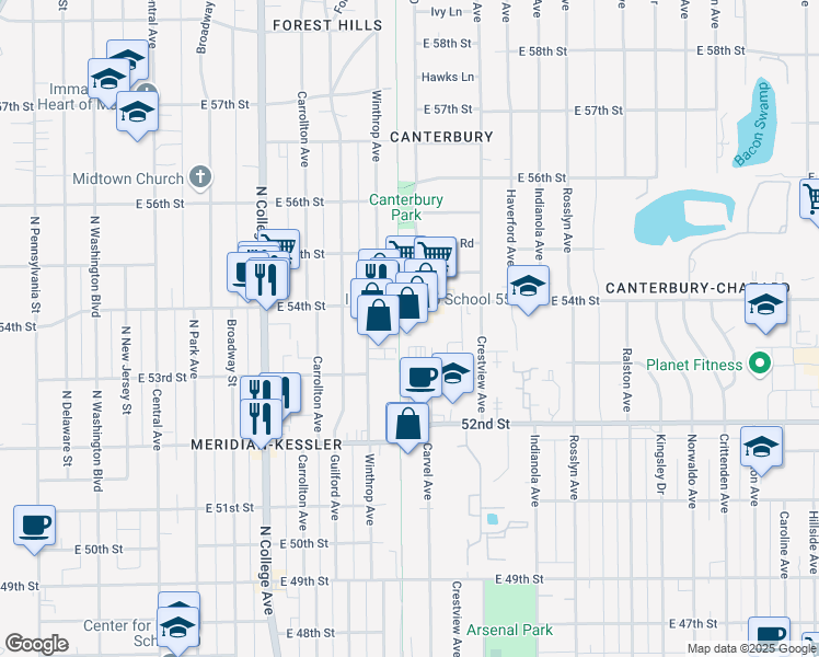 map of restaurants, bars, coffee shops, grocery stores, and more near Monon Trail in Indianapolis
