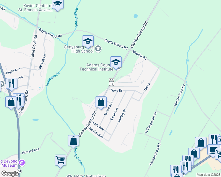 map of restaurants, bars, coffee shops, grocery stores, and more near 1045 Old Harrisburg Road in Gettysburg