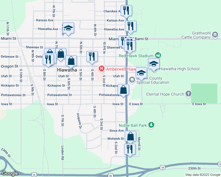 map of restaurants, bars, coffee shops, grocery stores, and more near 201 Kickapoo Street in Hiawatha