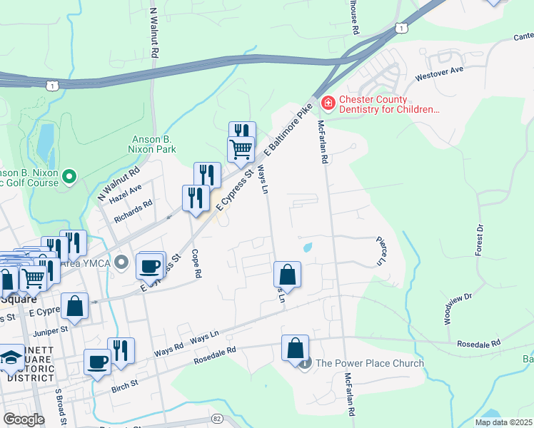 map of restaurants, bars, coffee shops, grocery stores, and more near 45 Ways Lane in Kennett Square