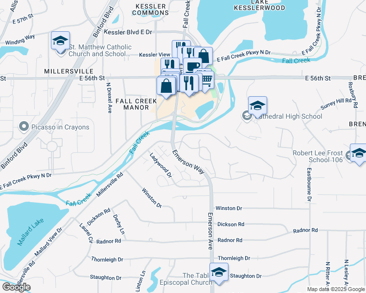 map of restaurants, bars, coffee shops, grocery stores, and more near 4927 Windridge Drive in Indianapolis