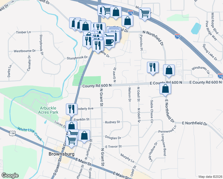 map of restaurants, bars, coffee shops, grocery stores, and more near 544 Eagle Crest Drive in Brownsburg