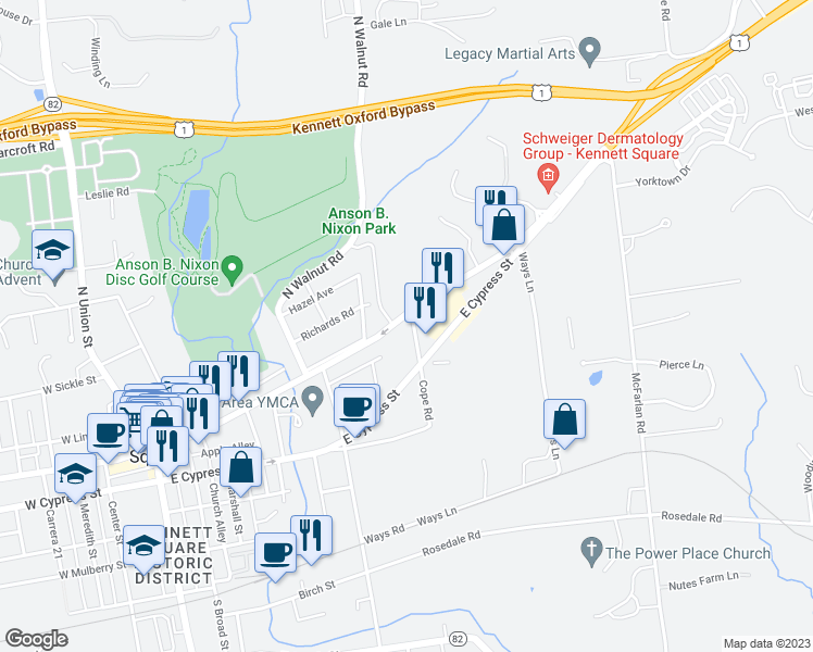 map of restaurants, bars, coffee shops, grocery stores, and more near 639 Cope Road in Kennett Square