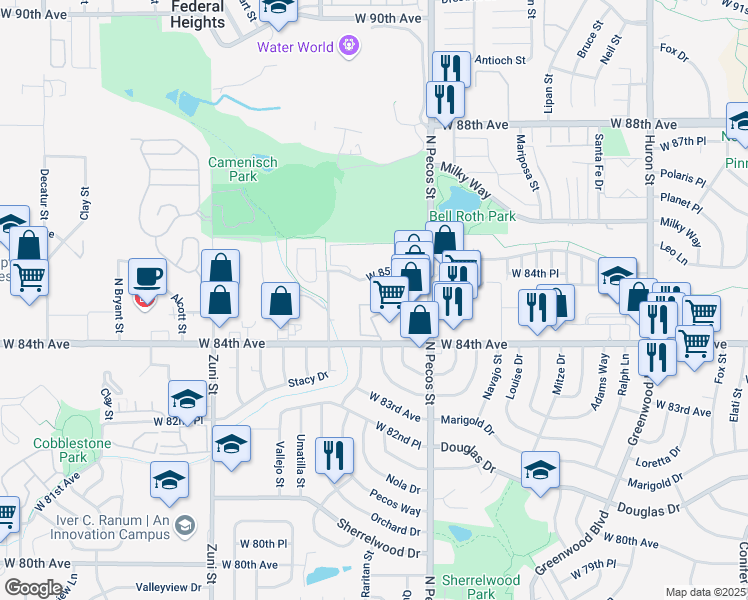 map of restaurants, bars, coffee shops, grocery stores, and more near 1786 Aspen Meadows Circle in Federal Heights