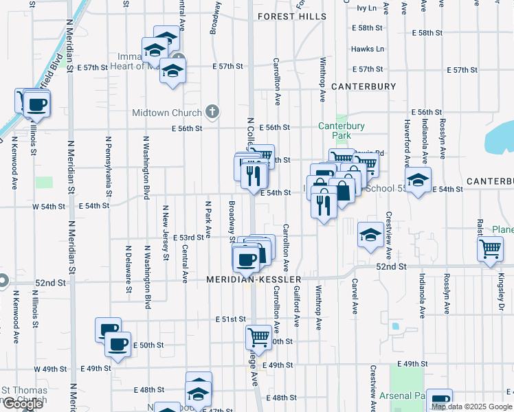 map of restaurants, bars, coffee shops, grocery stores, and more near 5347 North College Avenue in Indianapolis