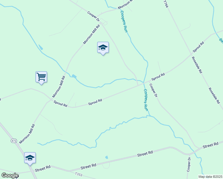 map of restaurants, bars, coffee shops, grocery stores, and more near 3 Sproul Road in Kirkwood