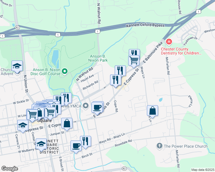 map of restaurants, bars, coffee shops, grocery stores, and more near 604 Millers Hill in Kennett Square