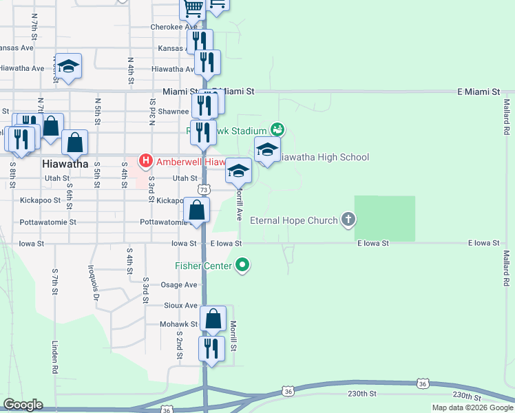 map of restaurants, bars, coffee shops, grocery stores, and more near 307 South Morrill Avenue in Hiawatha