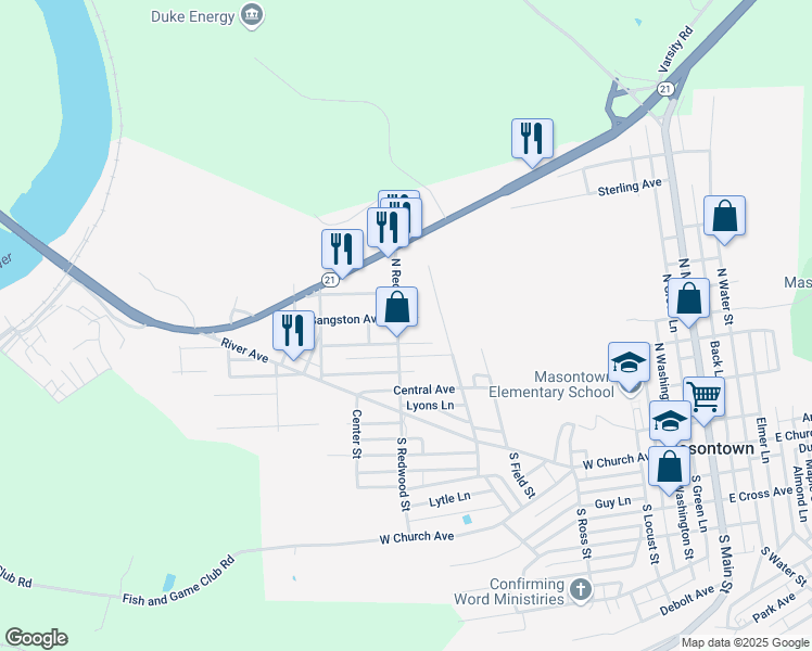 map of restaurants, bars, coffee shops, grocery stores, and more near 121 Sangston Avenue in Masontown
