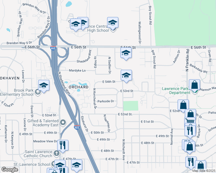 map of restaurants, bars, coffee shops, grocery stores, and more near 7368 Westchester Drive in Lawrence