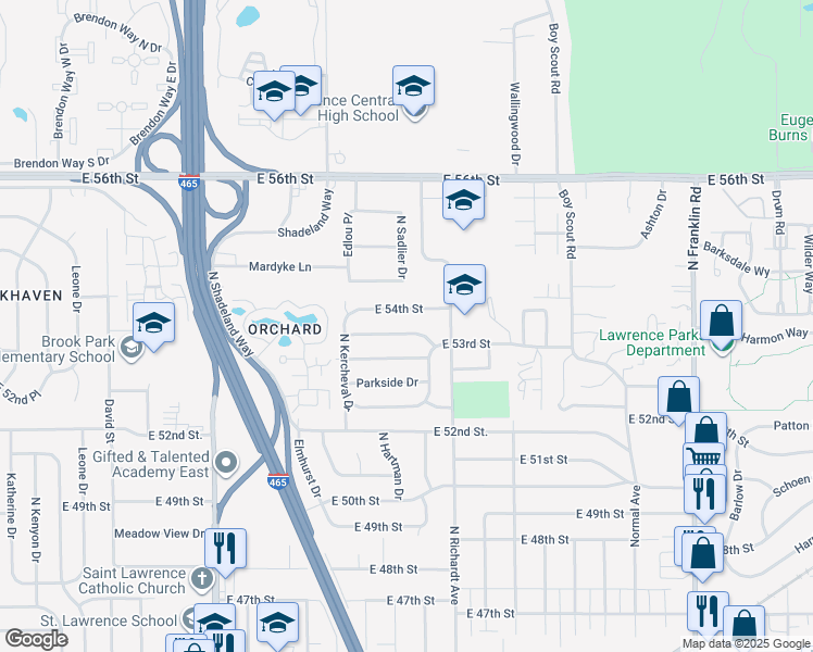 map of restaurants, bars, coffee shops, grocery stores, and more near 7368 Westchester Drive in Lawrence