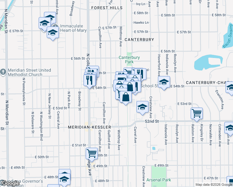 map of restaurants, bars, coffee shops, grocery stores, and more near 5358 Winthrop Avenue in Indianapolis