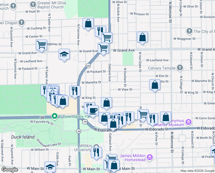 map of restaurants, bars, coffee shops, grocery stores, and more near 970 North Oakland Avenue in Decatur