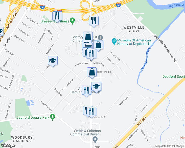 map of restaurants, bars, coffee shops, grocery stores, and more near 1103 Delsea Drive in Westville
