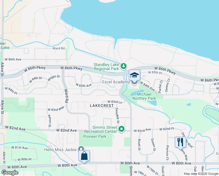 map of restaurants, bars, coffee shops, grocery stores, and more near 11734 West 85th Avenue in Arvada