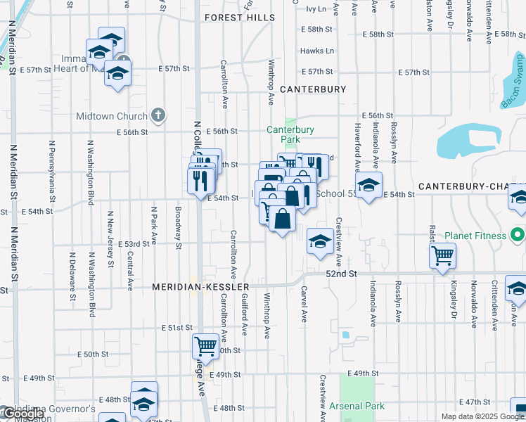 map of restaurants, bars, coffee shops, grocery stores, and more near 5358 Winthrop Avenue in Indianapolis