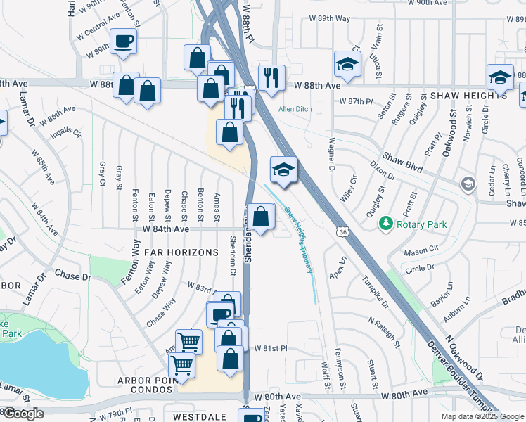 map of restaurants, bars, coffee shops, grocery stores, and more near 8470 Sheridan Boulevard in Arvada