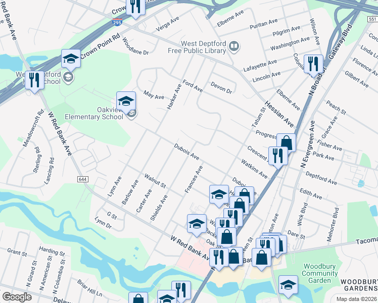 map of restaurants, bars, coffee shops, grocery stores, and more near 194 Dubois Avenue in Woodbury