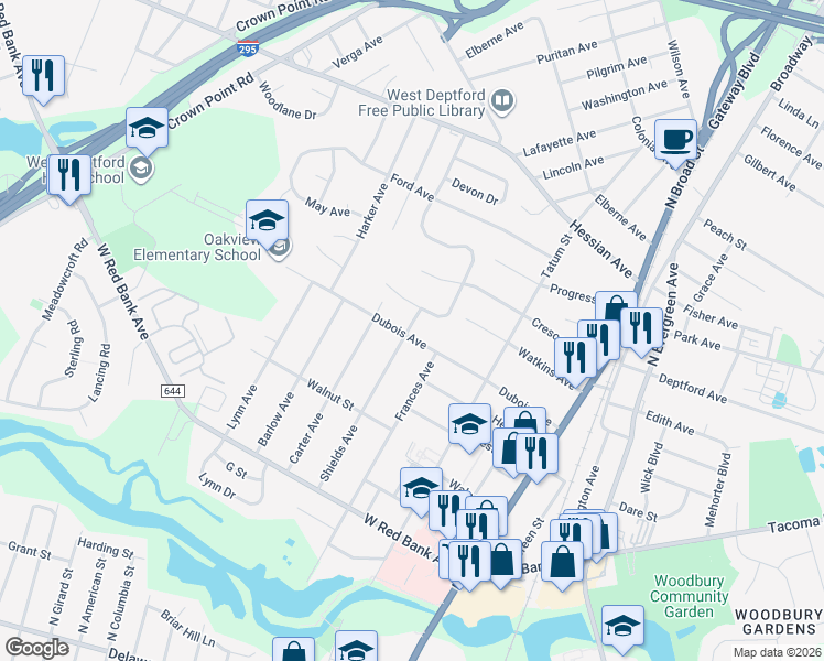 map of restaurants, bars, coffee shops, grocery stores, and more near 194 Dubois Avenue in Woodbury