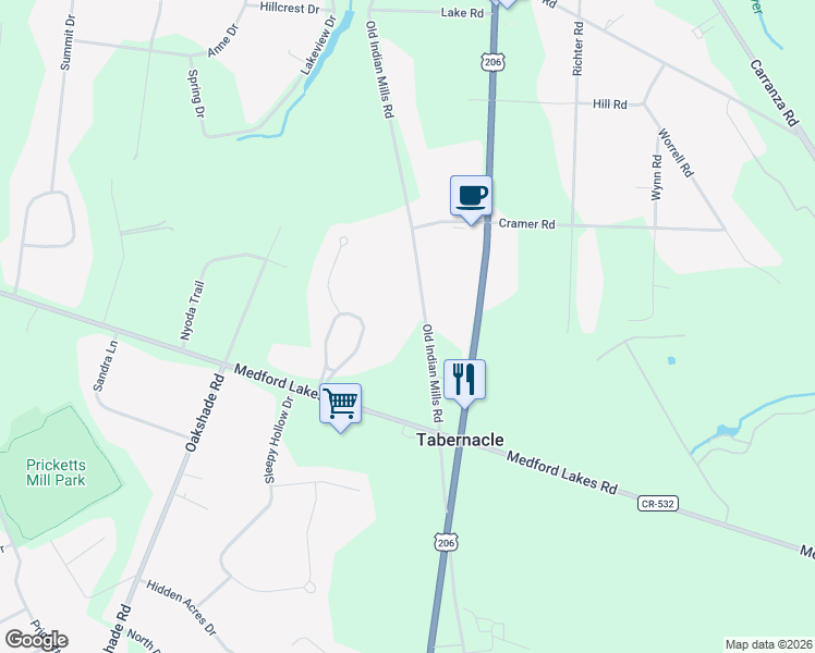 map of restaurants, bars, coffee shops, grocery stores, and more near 921 Old Indian Mills Road in Tabernacle