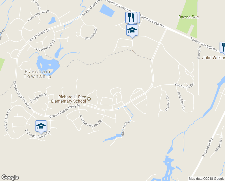 map of restaurants, bars, coffee shops, grocery stores, and more near 71 Bridgewater Drive in Evesham Township