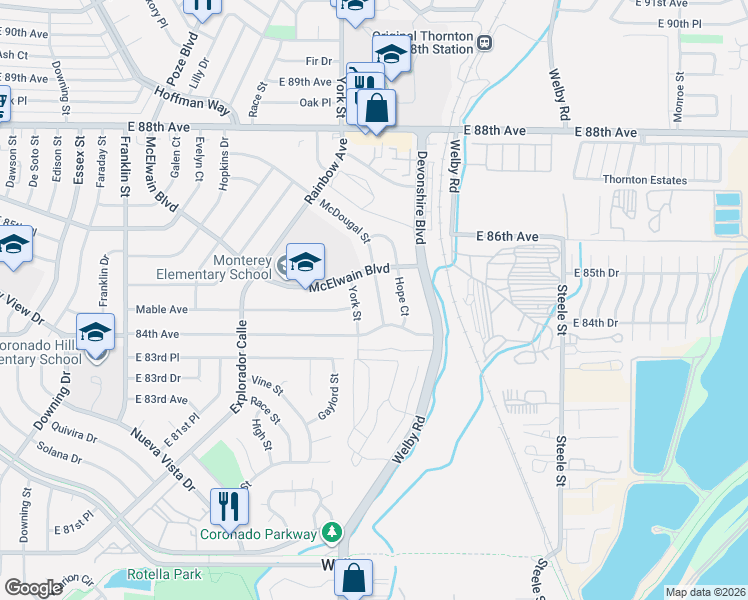 map of restaurants, bars, coffee shops, grocery stores, and more near 8471 McDougal Street in Denver