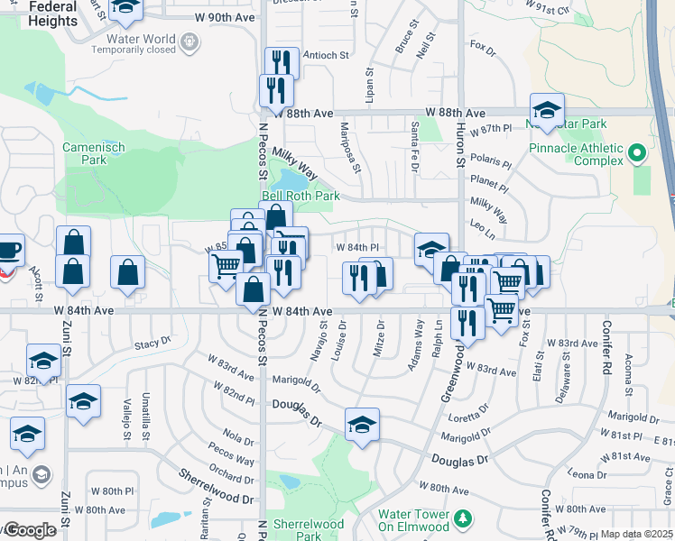 map of restaurants, bars, coffee shops, grocery stores, and more near 1327 West 84th Avenue in Denver