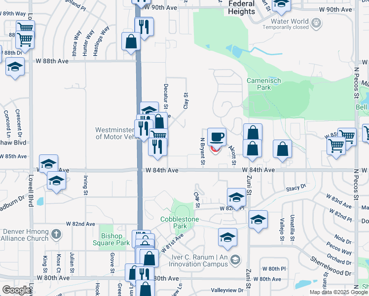 map of restaurants, bars, coffee shops, grocery stores, and more near 8450 Decatur Street in Westminster
