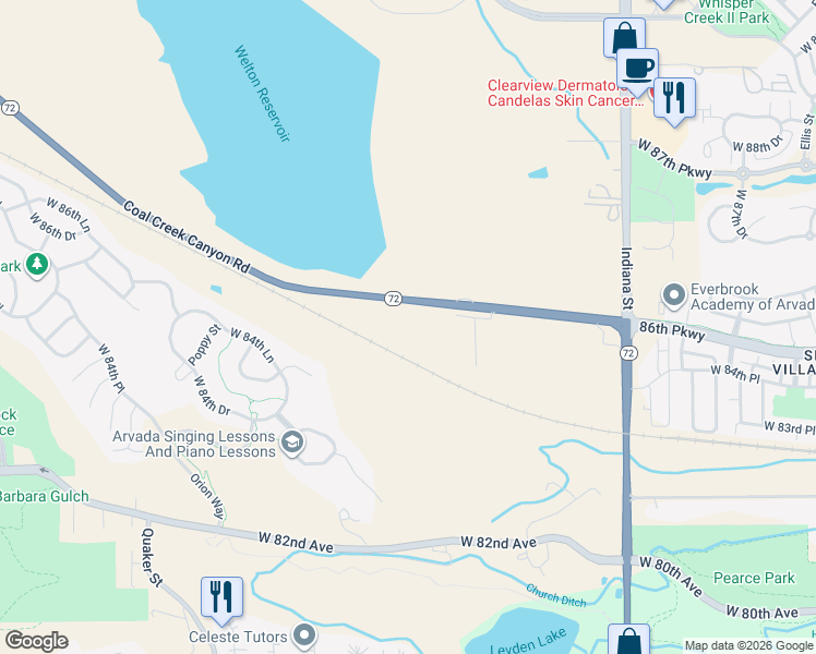 map of restaurants, bars, coffee shops, grocery stores, and more near 15550 Colorado 72 in Arvada