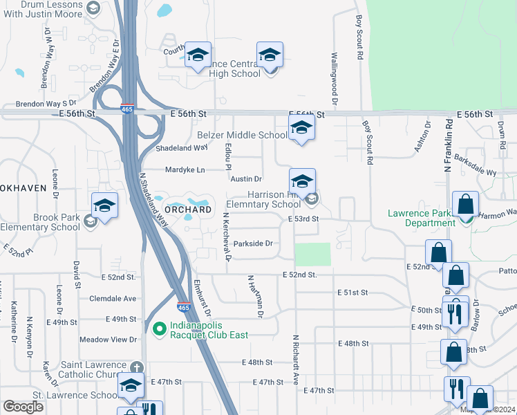 map of restaurants, bars, coffee shops, grocery stores, and more near 7368 Westchester Drive in Lawrence