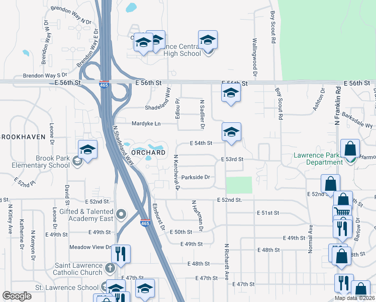 map of restaurants, bars, coffee shops, grocery stores, and more near 7328 Westchester Drive in Lawrence
