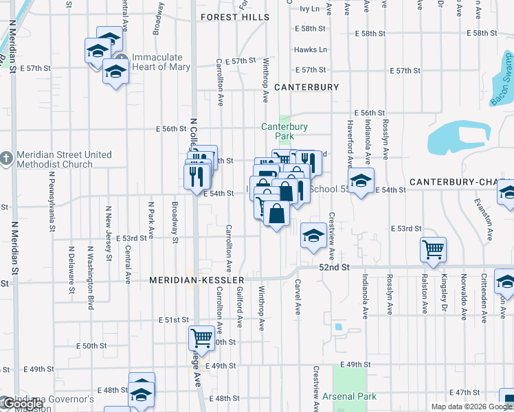 map of restaurants, bars, coffee shops, grocery stores, and more near 5358 Winthrop Avenue in Indianapolis