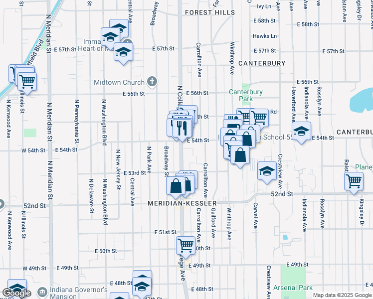 map of restaurants, bars, coffee shops, grocery stores, and more near 5347 North College Avenue in Indianapolis
